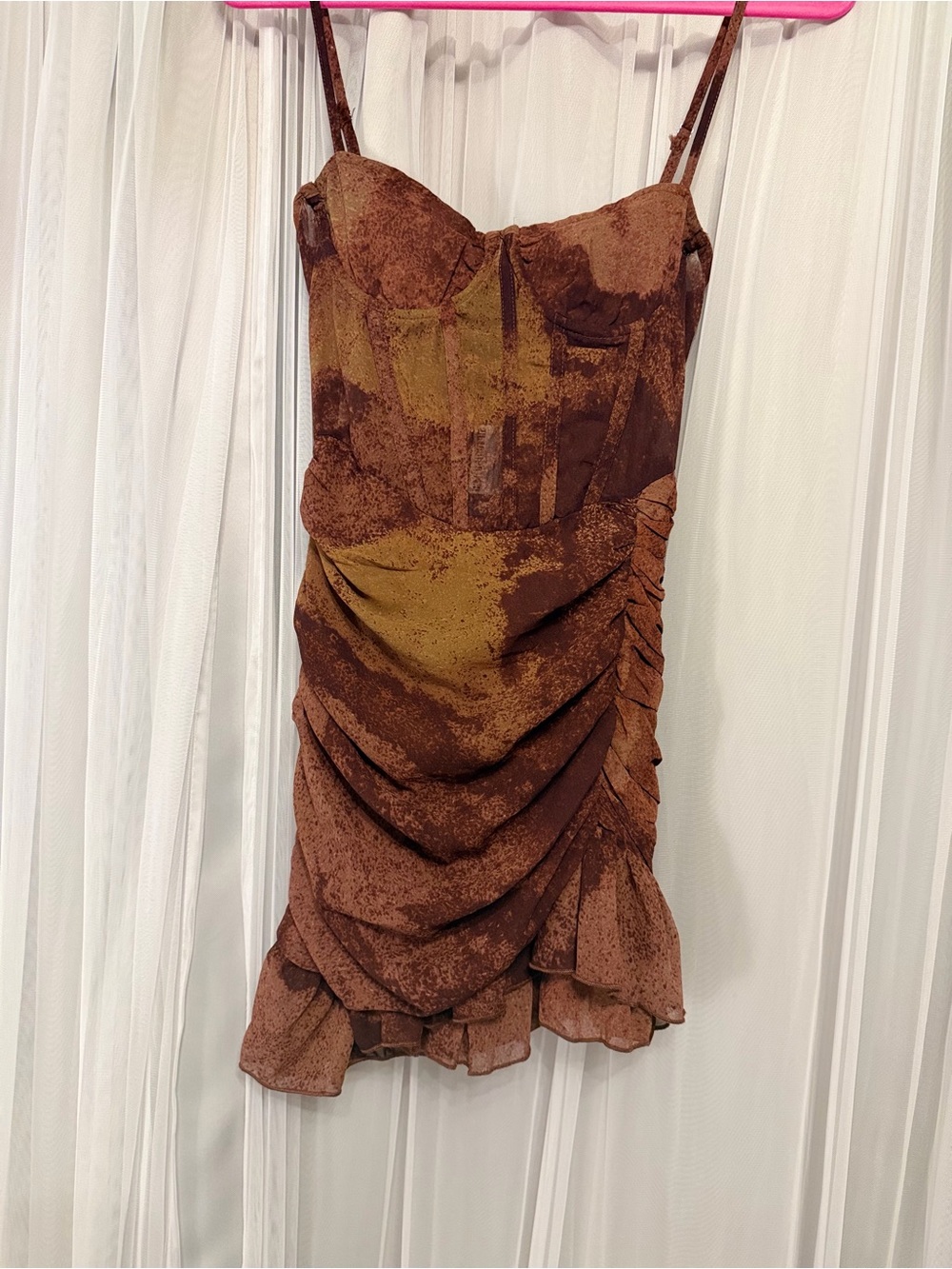 🍂 PrettyLittleThing Abstract Grunge Corset Ruched Mesh Mini Dress 🍂